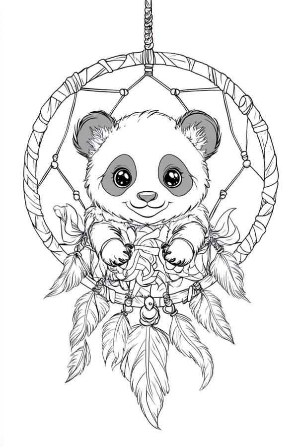 Cute cartoon panda inside a dreamcatcher, native american inspired design — free printable indigenous culture coloring book page
