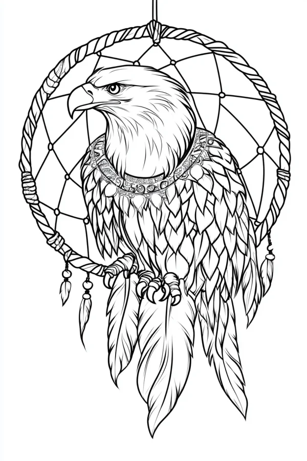 Bald eagle inside dreamcatcher, native american tribal style — free printable indigenous culture coloring book page