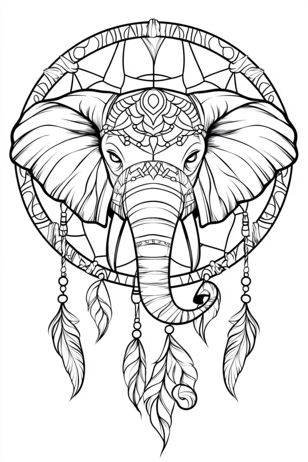 Decorated elephant head inside dreamcatcher frame, native american tribal style — free printable indigenous culture coloring book page