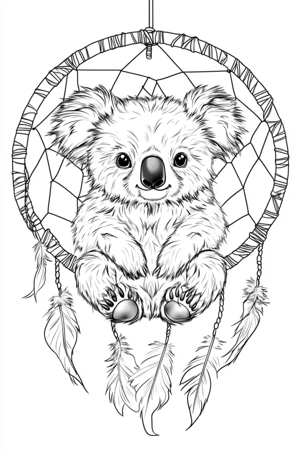 Cute koala sitting inside a dreamcatcher, cartoon style — free printable indigenous culture coloring book page