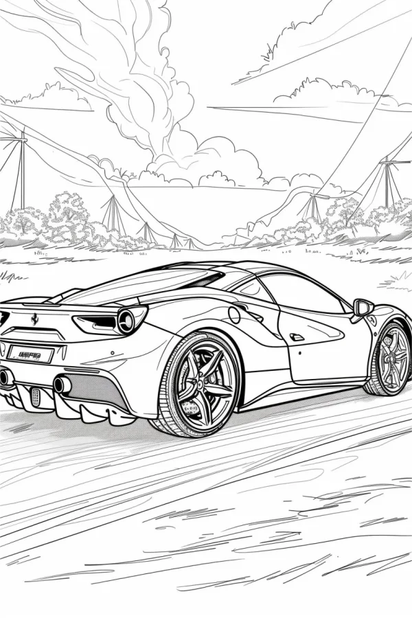 Ferrari 488 gtb sports car, realistic line art style — free printable outdoor scenery coloring book page
