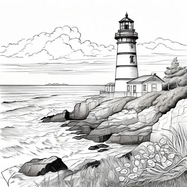 Lighthouse on coastal rocky cliffs, realistic line art style — free printable scenery coloring book page
