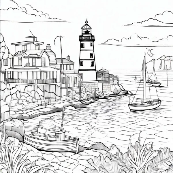 Coastal village with lighthouse, realistic line art — free printable fishing village life coloring book page