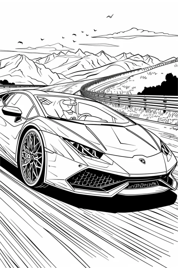 Lamborghini sports car driving on a winding mountain road, realistic line art style — free printable outdoor scenery coloring book page