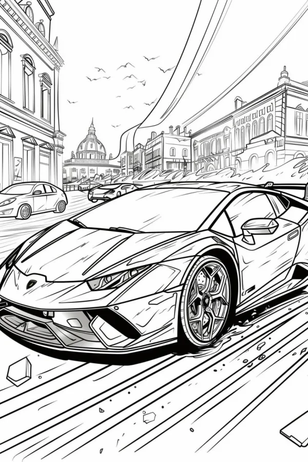 Lamborghini sports car on european city street, realistic line art style — free printable city street coloring book page