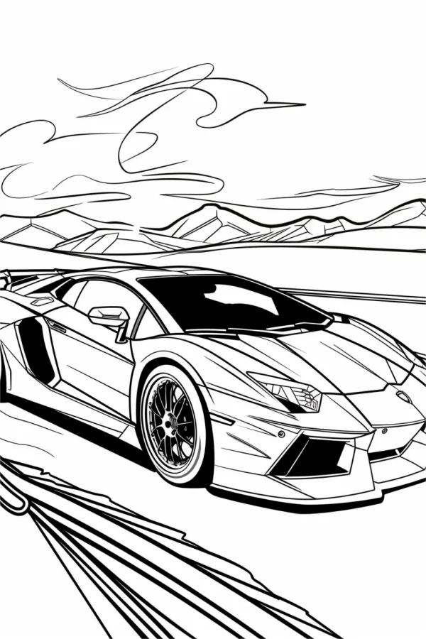 Lamborghini sports car, realistic line art — free printable outdoor scenery coloring book page