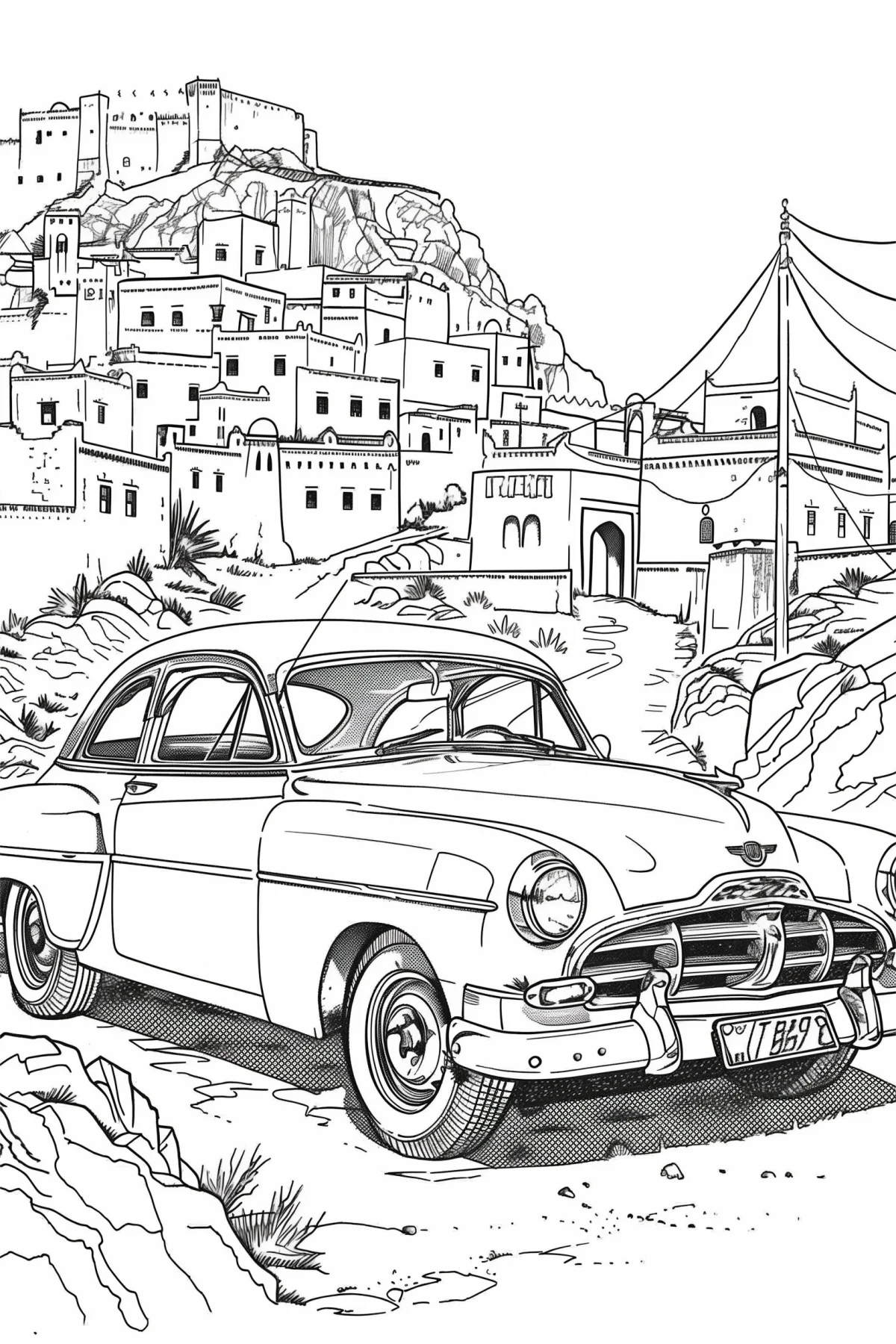 Vintage classic car in front of middle eastern style mountain town with hilltop castle, retro realistic line art — realistic style — moderate detail — line art coloring page — for kids and adults of all ages
