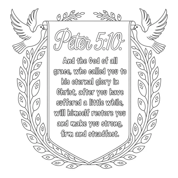Decorative banner frame flanked by peace doves and olive branches, featuring the inspirational bible verse peter 5:10 — free printable peace coloring book page