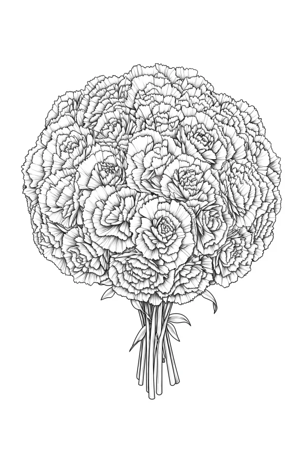 Carnation bouquet, realistic style — free printable mother's day coloring book page