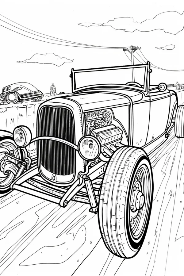Vintage convertible hot rod car, retro style — free printable outdoor scene coloring book page