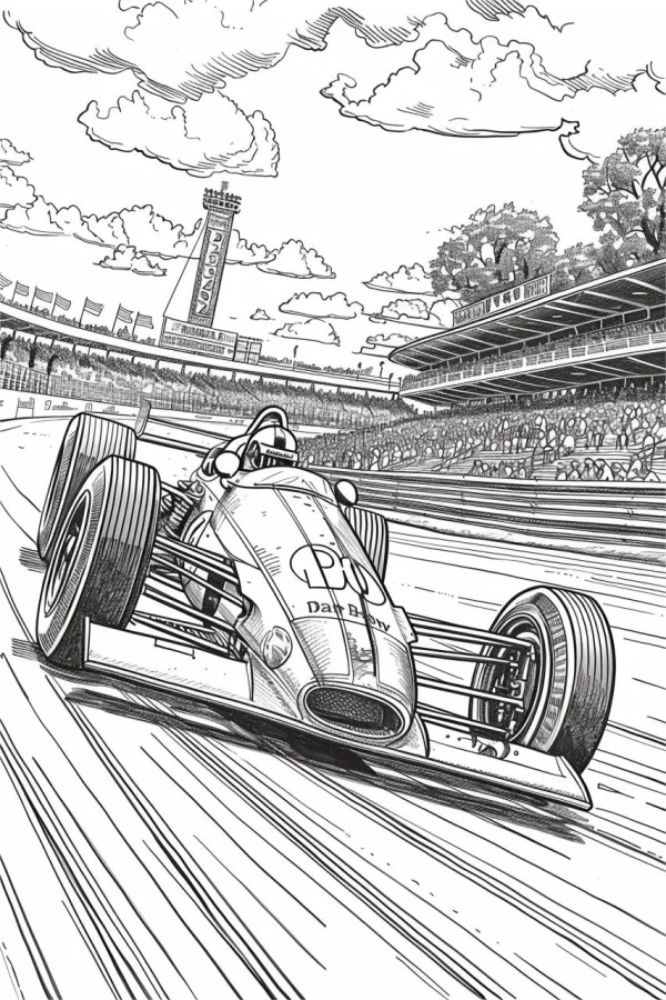 Vintage racing car speeding on race track, realistic sketch style — free printable outdoor scene coloring book page