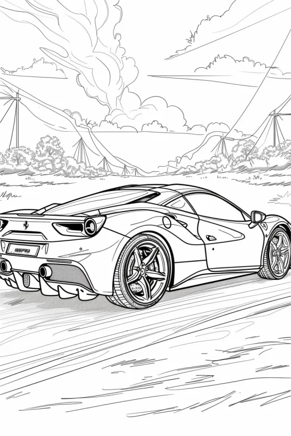 Ferrari 488 sports car, realistic style — free printable outdoor scenery coloring book page