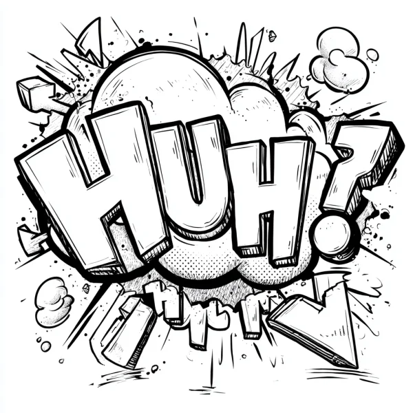 Comic style 'huh?' speech bubble with explosion effect, bold artistic letters — free printable comic coloring book page