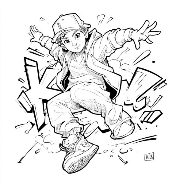 Street dance boy wearing baseball cap and hooded jacket, cartoon graffiti style — free printable street coloring book page