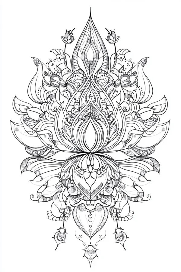 Mandala-style lotus flower, intricate symmetrical floral and vine patterns — free printable zen coloring book page