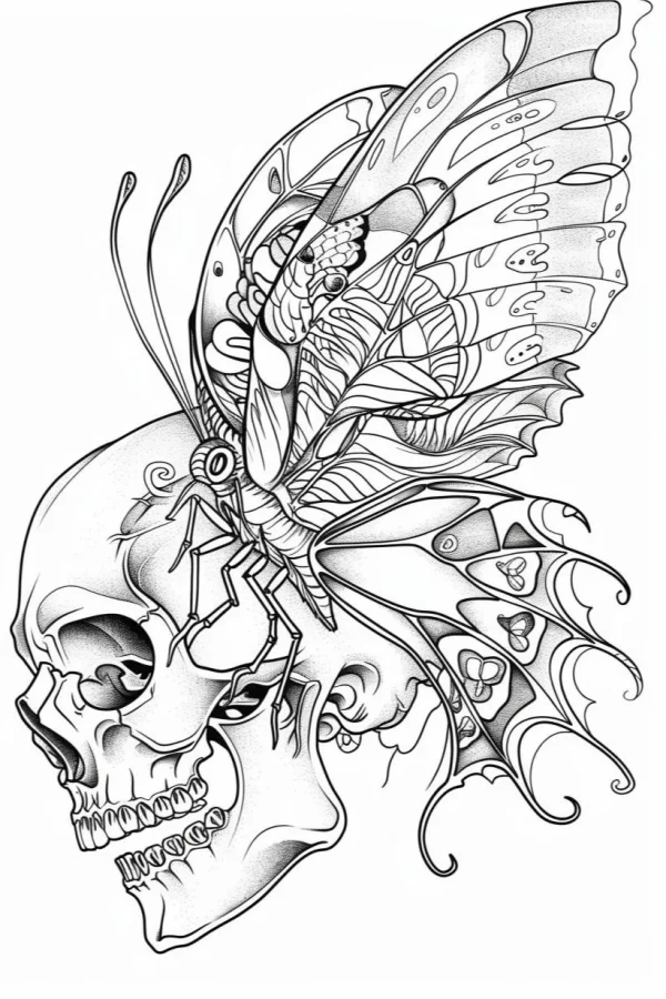 Skull with ornate patterned butterfly, horror gothic style — free coloring book page