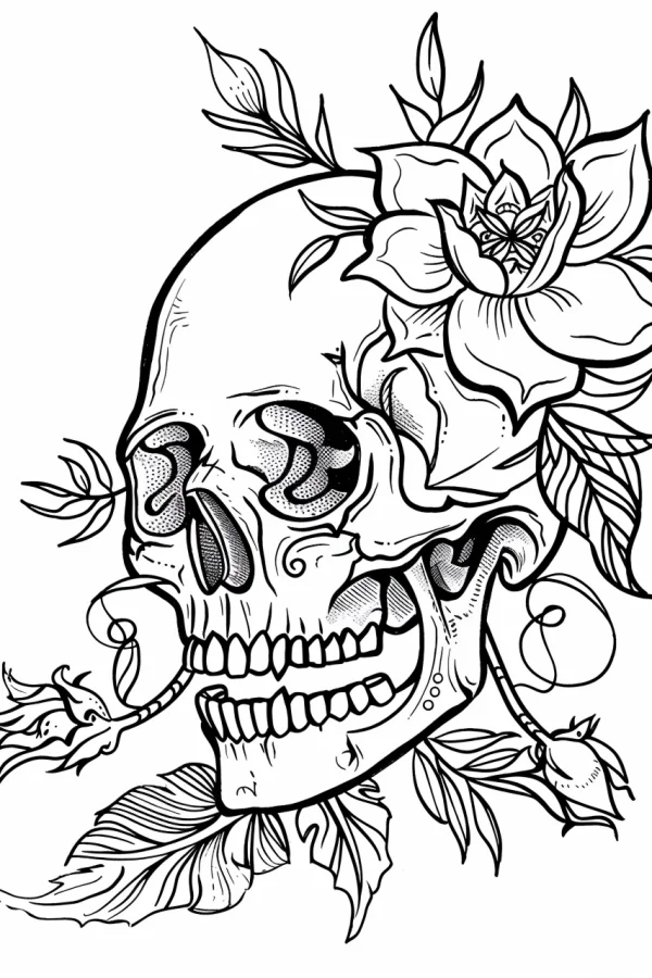 Skull with flowers and leaves, gothic style — free printable goth culture coloring book page