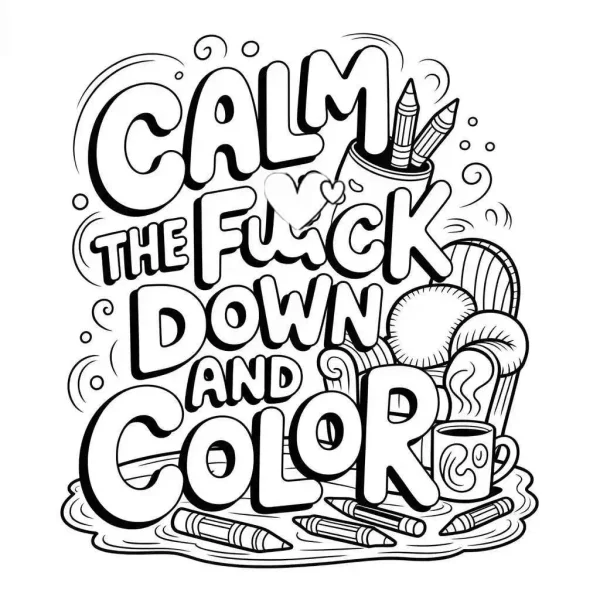 'calm the fuck down and color' decorative lettering with crayons, pencils — free printable emotional release coloring book page