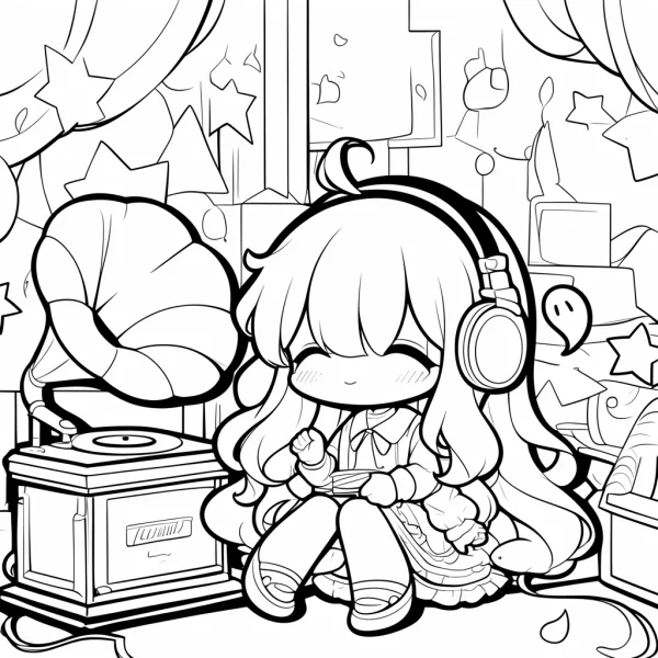 Cute chibi long-haired girl wearing headphones, sitting beside a gramophone — free printable daily coloring book page