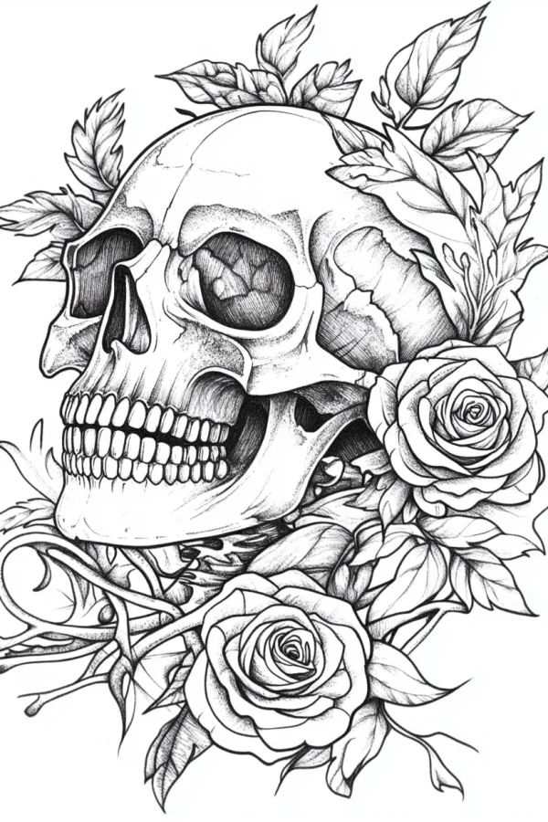 Gothic skull wrapped with roses and thorny vines, gothic style — free printable goth culture coloring book page
