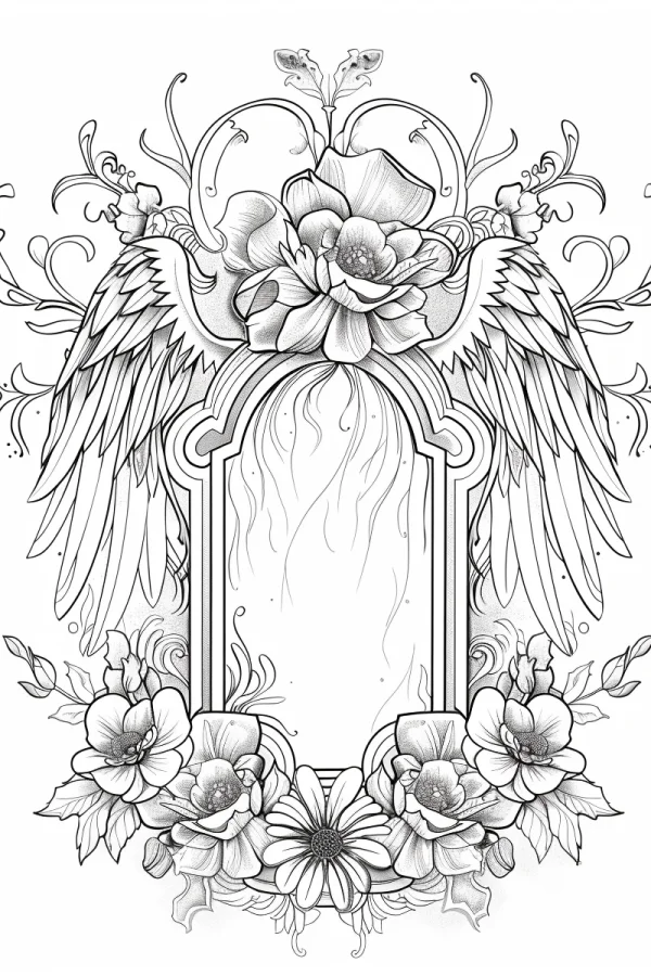 Floral decorated angel wings frame, art deco and european retro style — free printable angel coloring book page
