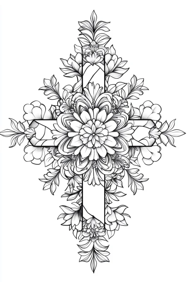 Cross decorated with intricate floral patterns, art nouveau style — free printable religious culture coloring book page