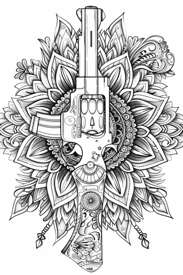 Mandala-style pistol, decorative art style — free printable weapons coloring book page