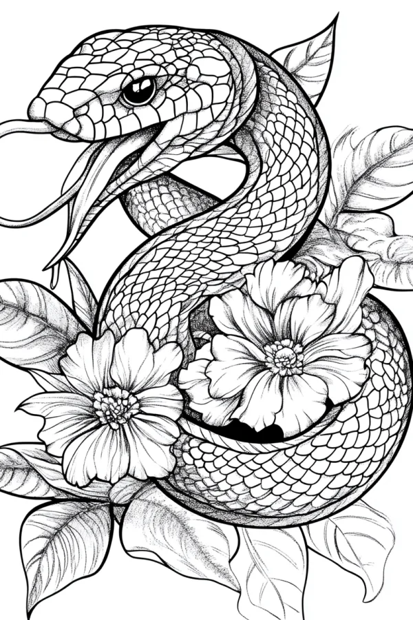 Snake with flowers and leaves, realistic style — free printable reptiles coloring book page