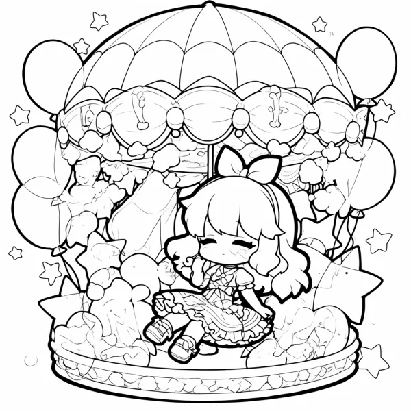 Cute cartoon girl sitting on a carousel, cartoon style — free printable theme park coloring book page