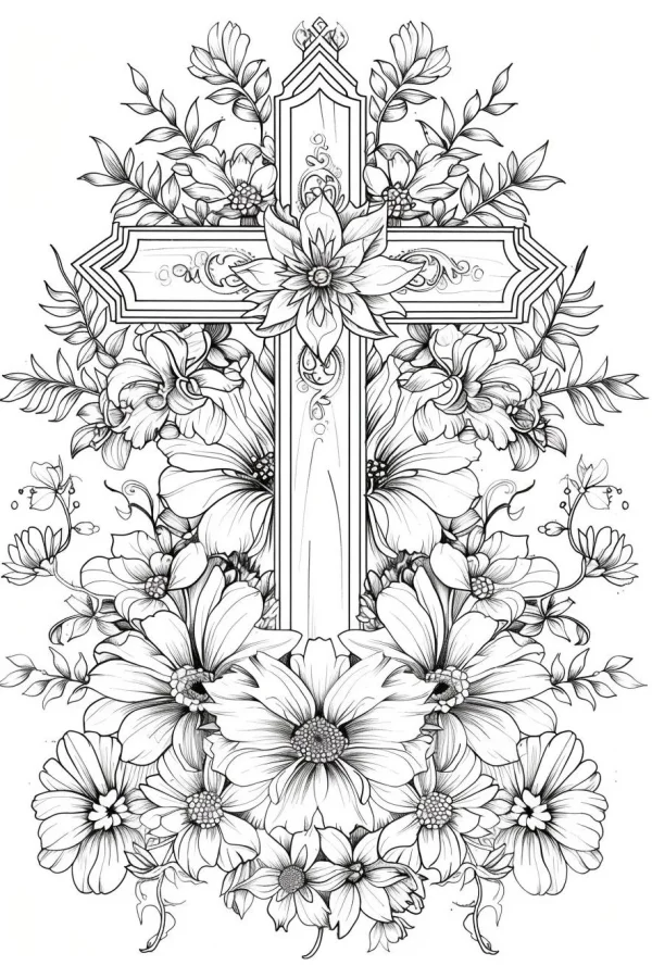 Cross surrounded by various flowers and vines, religious realistic line art style — free printable natural plants coloring book page