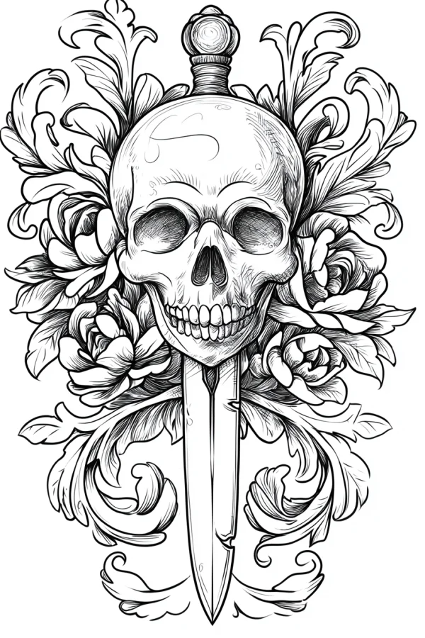Skull with dagger and roses, gothic style — free printable goth culture coloring book page