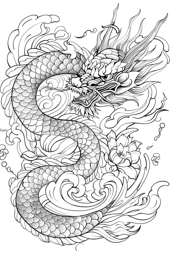 Chinese dragon with lotus flowers, chinese style — free printable dragon coloring book page