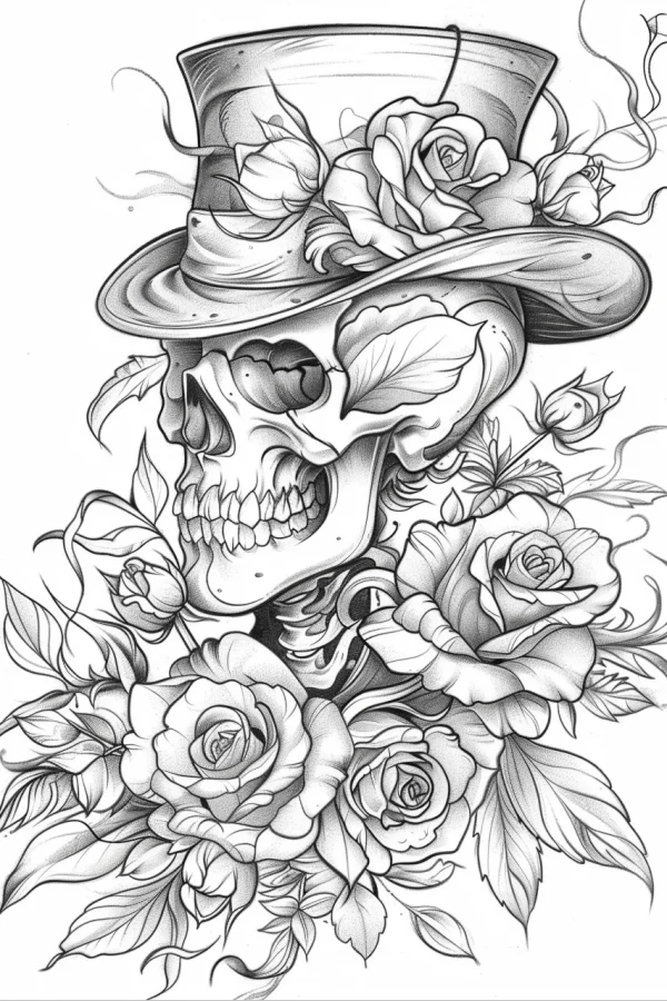 Skull wearing top hat surrounded by blooming roses and buds, gothic style — free printable goth culture coloring book page