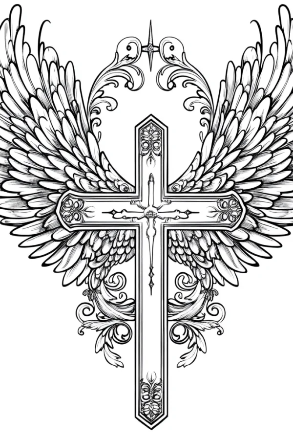 Cross with angel wings, european retro decorative style — free printable religious culture coloring book page