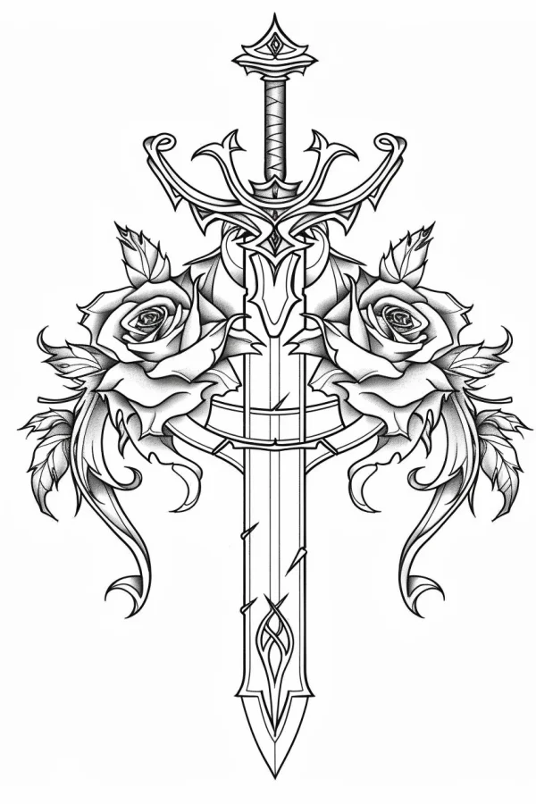 Decorative sword paired with roses, art nouveau and fantasy style — free printable weapons coloring book page