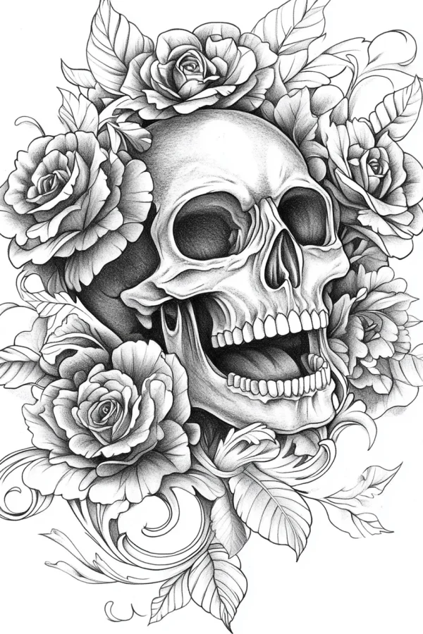 Horror skull surrounded by detailed roses, gothic style — free printable goth culture coloring book page