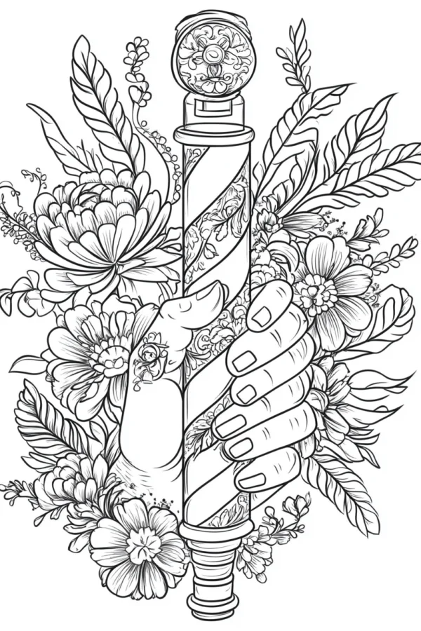 Coloring book page, hand holding barber pole surrounded by various flowers and leaves — free printable beauty and hair coloring book page