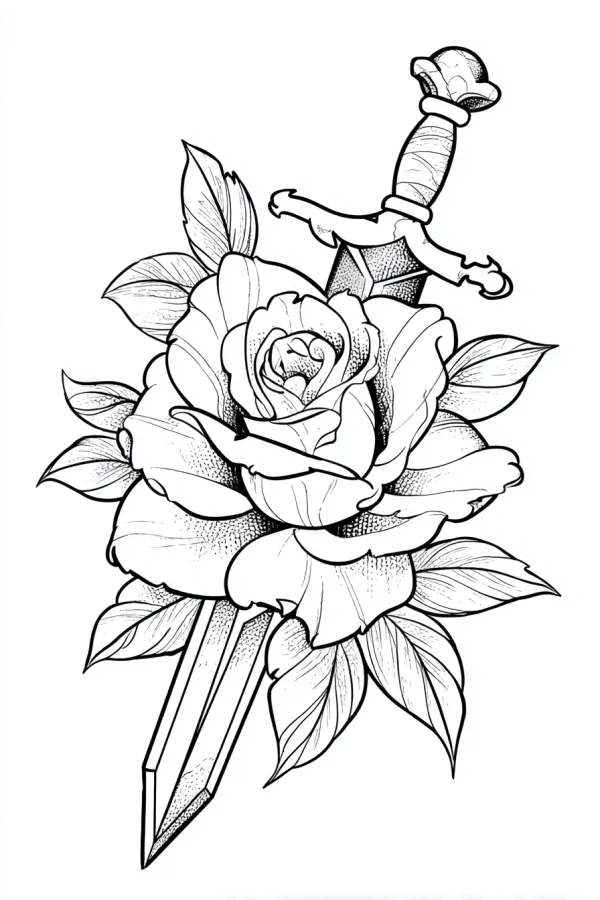 Rose with dagger, tattoo style — free printable weapons coloring book page