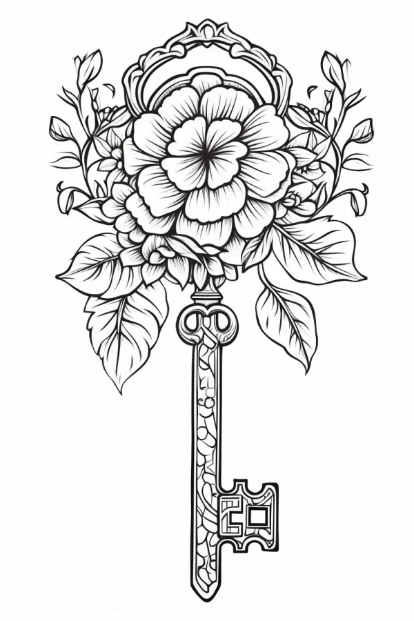 Vintage key decorated with peony flowers and leaves, retro decorative art style — free printable items coloring book page