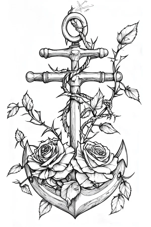 Anchor wrapped with roses and thorned vines, sketch style — free printable items coloring book page