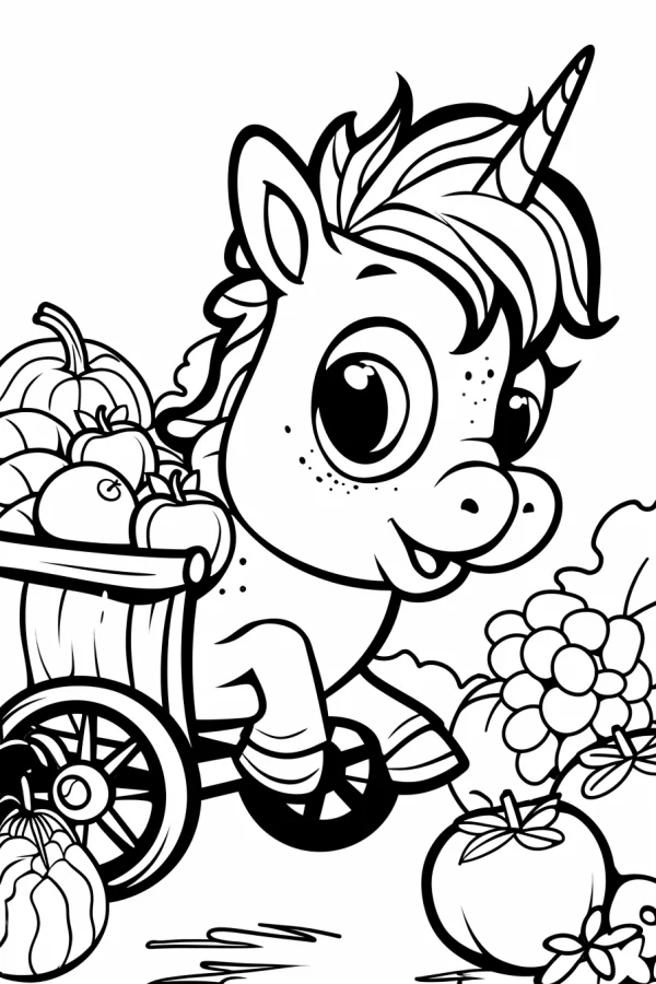 Cute cartoon unicorn pulling a cart loaded with pumpkin, apple and grape — free printable harvest coloring book page