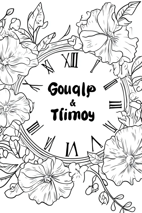 Vintage roman numeral clock surrounded by large flowers, leaves and vines — free printable time coloring book page