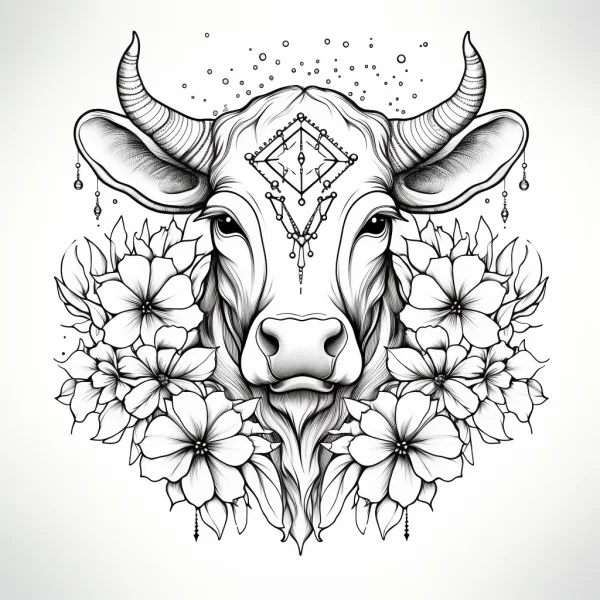 Decorative bull head surrounded by blooming flowers, line art style — free printable mystery coloring book page