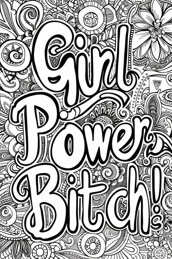 Bold art text 'girl power bitch!', surrounded by intricate zentangle and floral decorative patterns — free printable female empowerment coloring book page