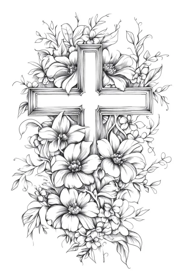 Cross surrounded by various flowers and leaves, sketch style — free printable natural flowers coloring book page