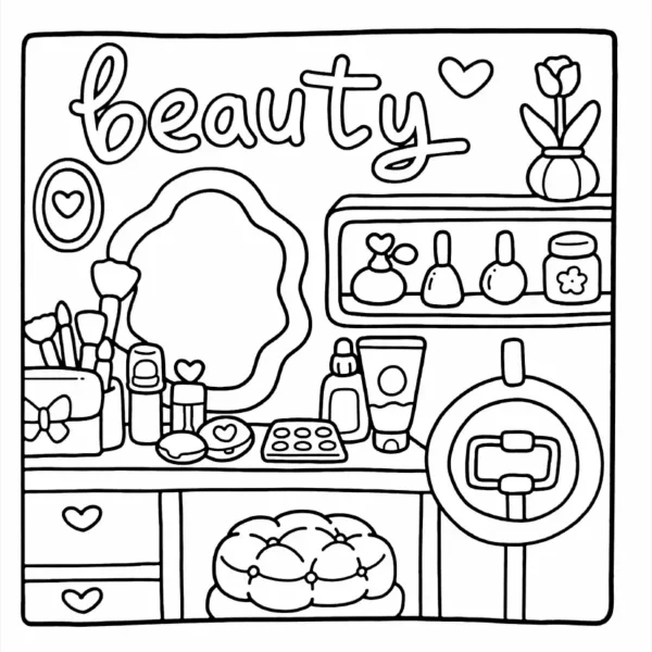 Cute beauty vanity table with makeup tools, cartoon style — free printable beauty coloring book page