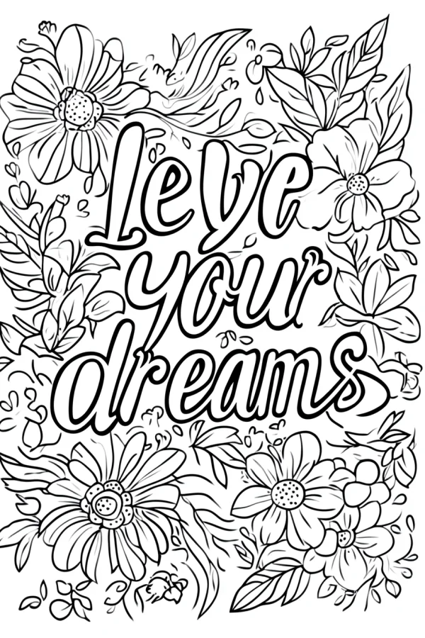 Inspirational text "leve your dreams" surrounded by various flowers, leaves and vines — free printable dreams coloring book page
