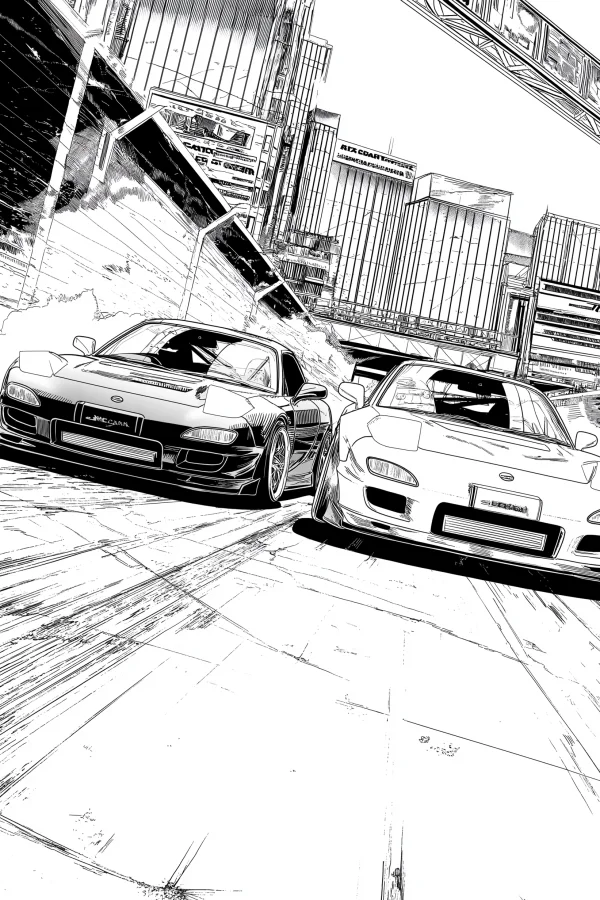Street racing cars in urban cityscape, manga style — free printable city streets coloring book page