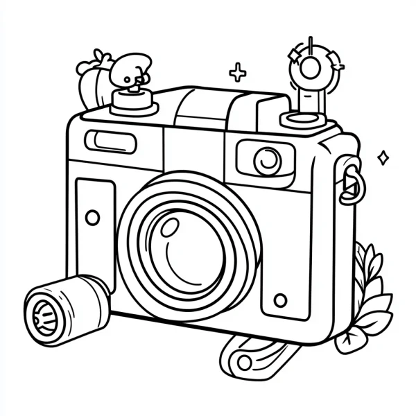 Cartoon camera with a small bird on top, cartoon style — free printable items coloring book page