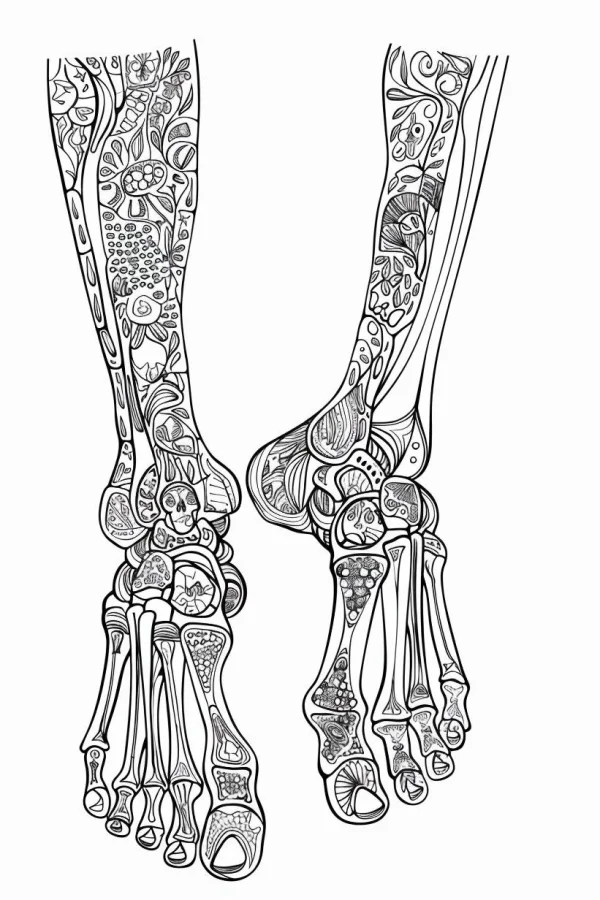 Decorative human foot bones with small skull motifs, zentangle and decorative art style — free printable human anatomy coloring book page
